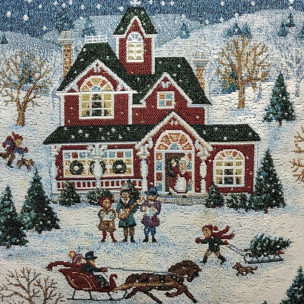 Christmas throw pillow sleigh winter trees snow carolers deer children tapestry